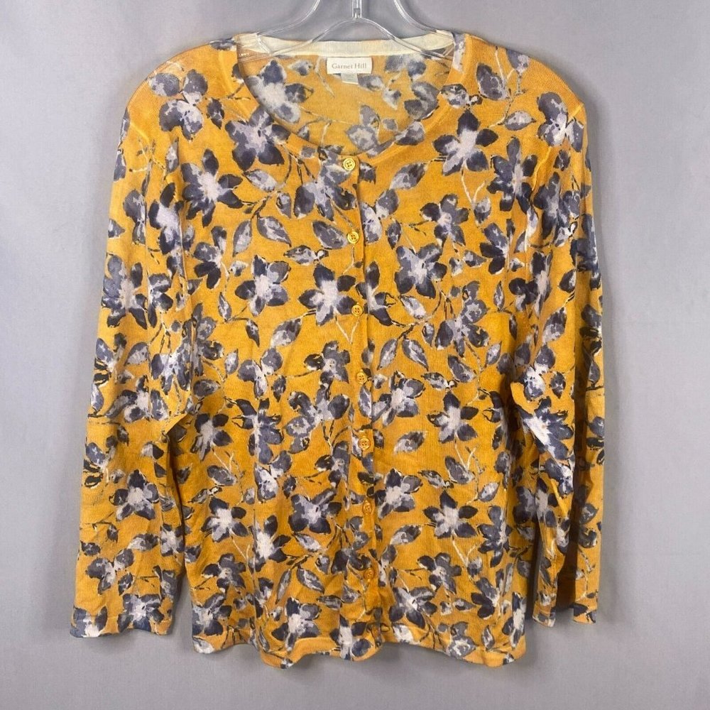 Garnet Hill Cardigan XL Gold Signature Eco Merino Sweater Floral Lightweight